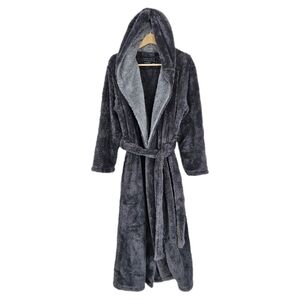 David Archy Robe Long Plush Hood Pockets Gray Fleece Luxury Belt Soft Mens M